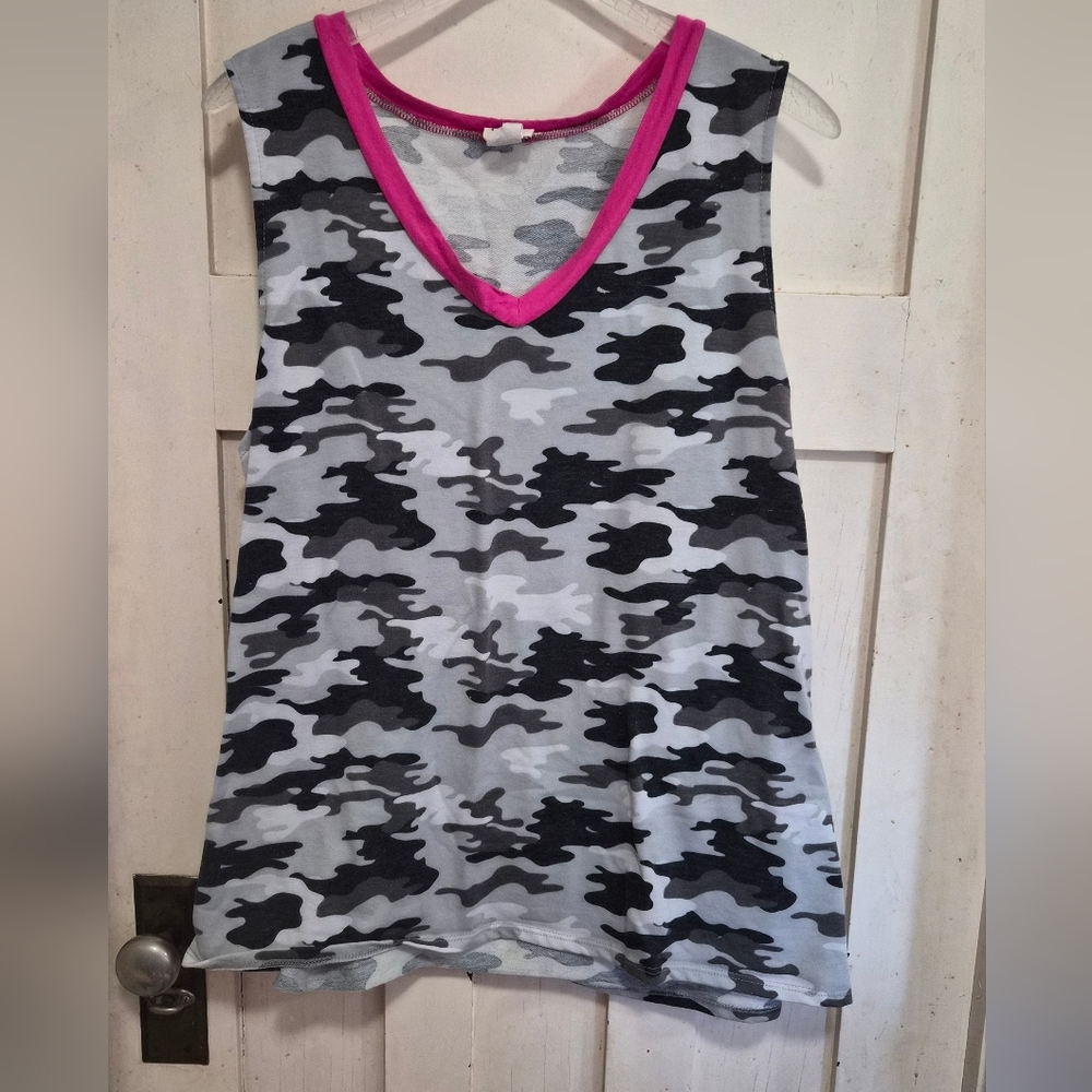 BiBi Gray Camo Top with Pink Accents